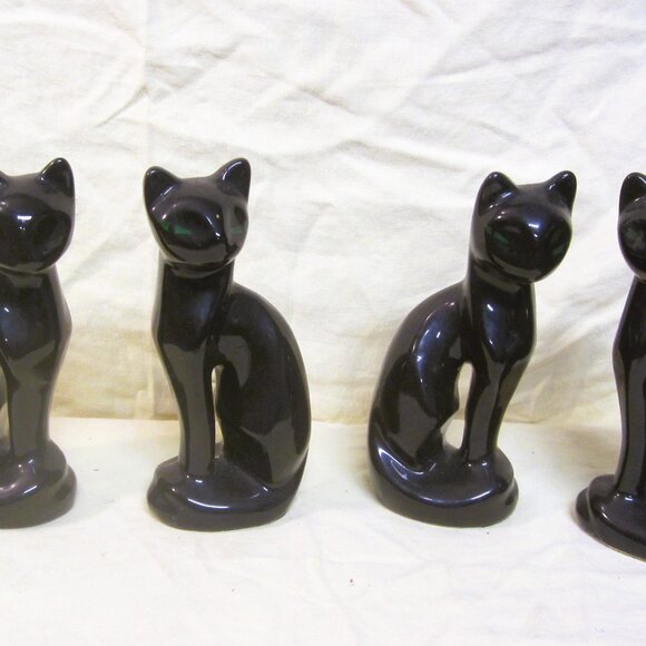 VTG CERAMIC BLACK CATS W/GREEN HANDPAINTED EYES, ELEGANT CATS price is each - Picture 1 of 9